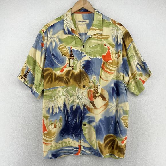 TOMMY BAHAMA Shirt Men L Silk Camp Hawaiian Cocktails Guitar Bartender Camp - Picture 1 of 16